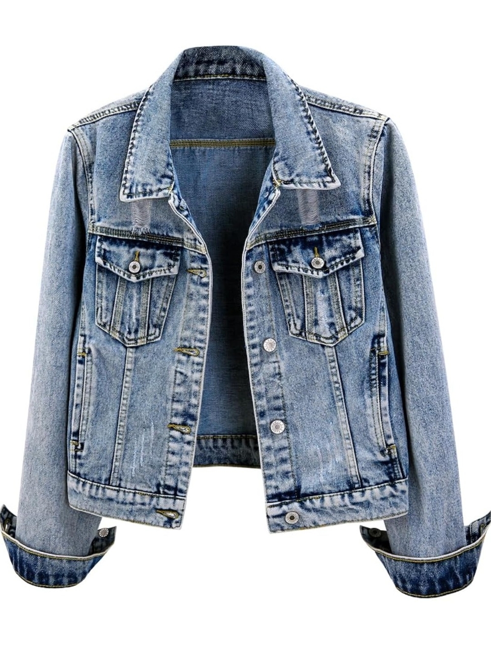 Women's Washed Light Blue Denim Jacket - Casual Jean Coat